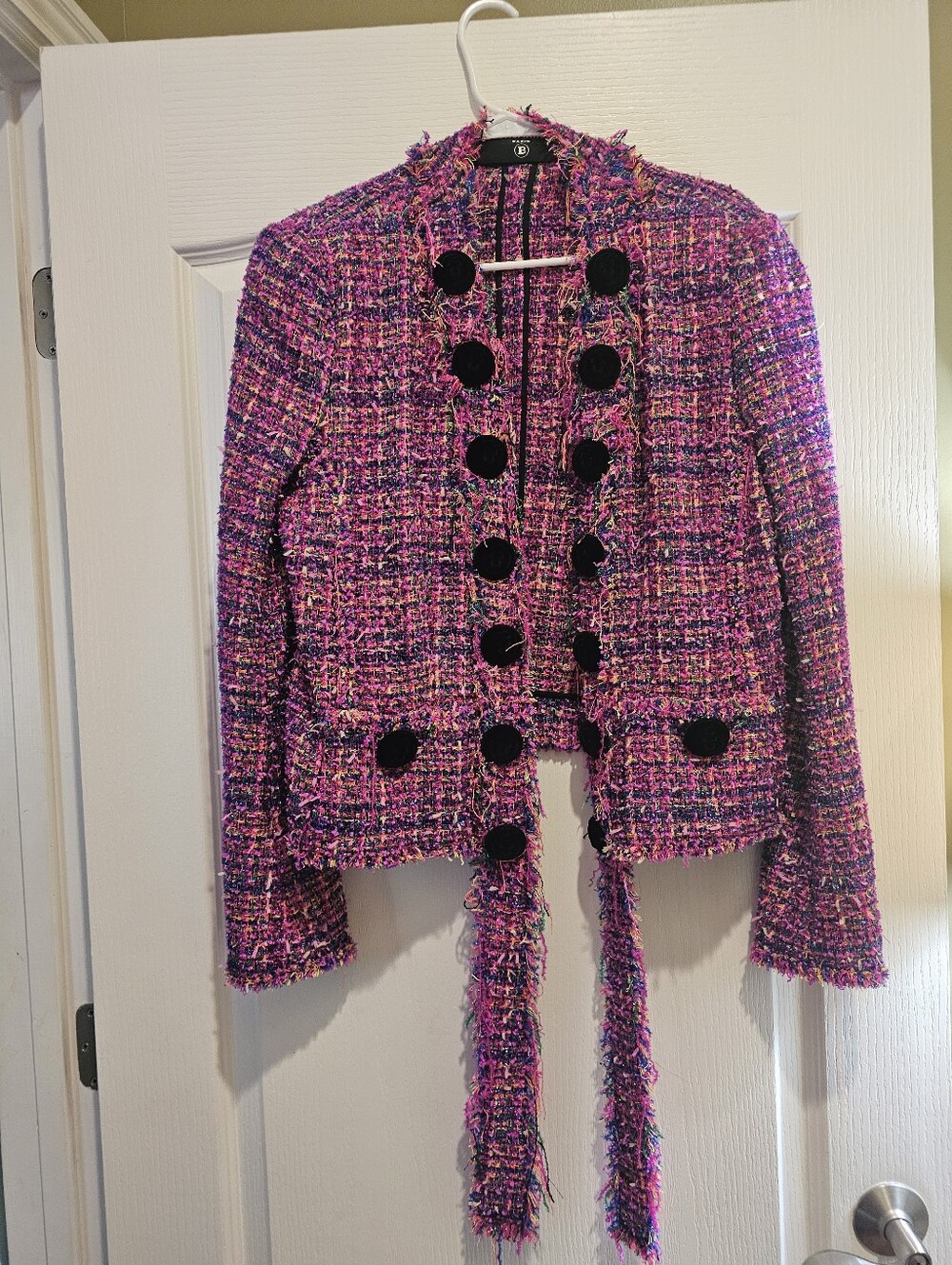 Balmain Pink Tweed Fringe Blazer with Black Buttons